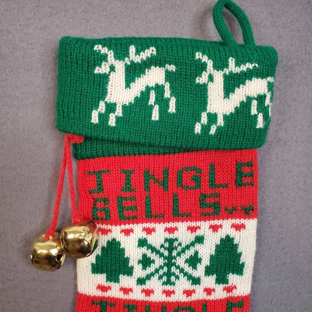 Vintage Knit Christmas Stocking Red White Green Jingle Bells All The Way 18